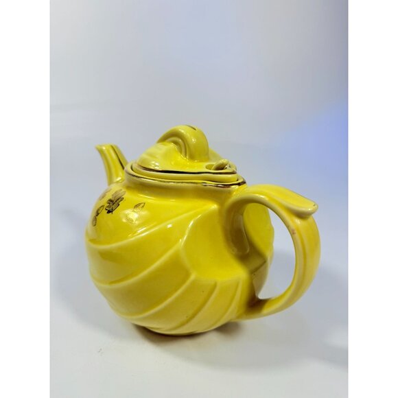 Hall Teapot Vintage #0799 Canary With Gold Trim Leaves & Acorns Hook Lid 6 Cups - Picture 9 of 16